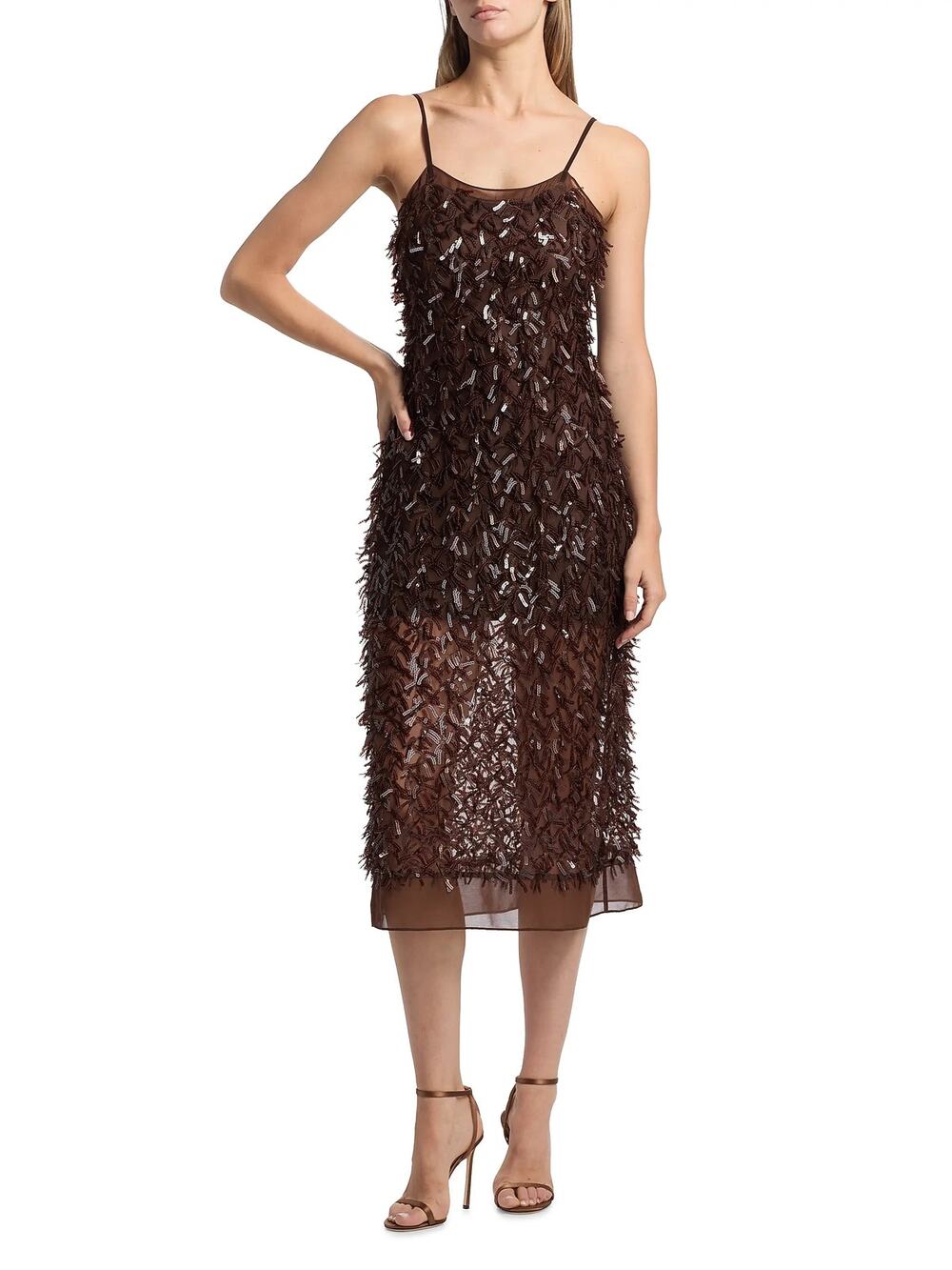 3.1 Phillip Lim Women Chocolate Sequin Mesh Cocktail Midi Slip Dress Size US 12
